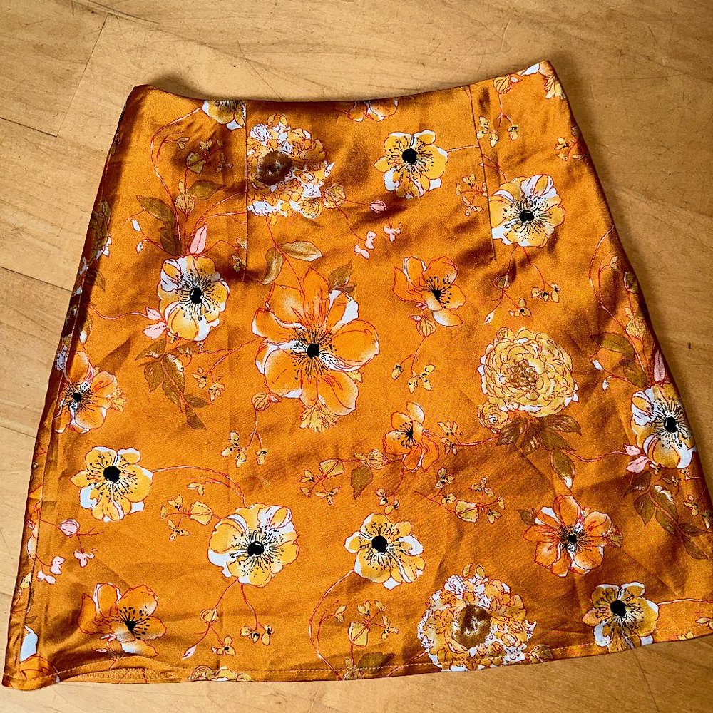 Orange Floral Satin Skirt